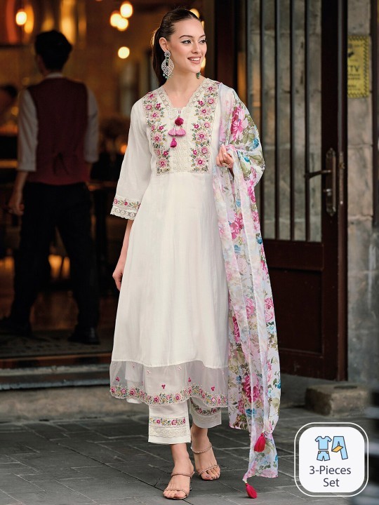 Indo Era - Floral Embroidered Thread Work A-Line Kurta With Trousers & Dupatta