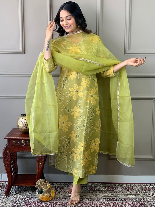 KALINI Floral Embroidered V-Neck Thread Work Straight Kurta with Trousers & Dupatta