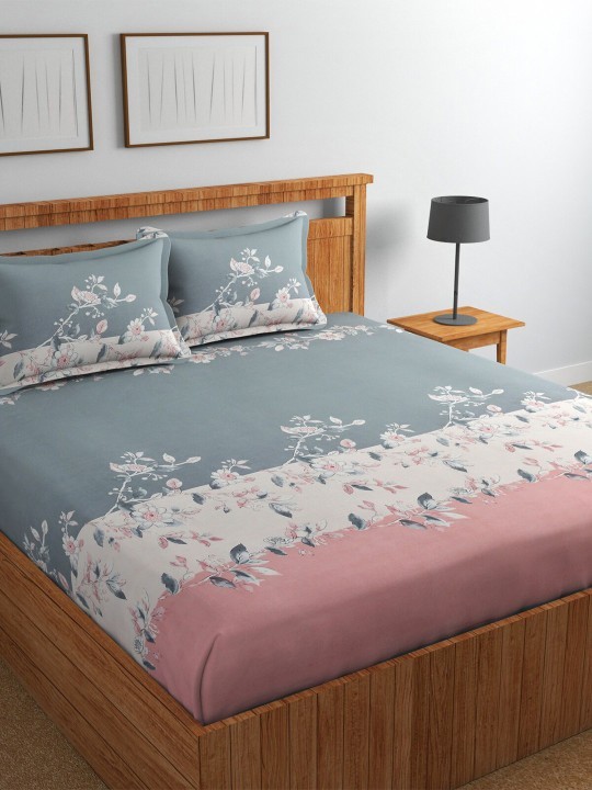 BOMBAY DYEING Grey & Pink Floral 144 TC Queen Bedsheet &2 Pillow Covers