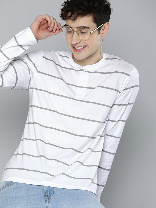 HERE&NOW HERENOW Men White Grey Striped Henley Neck Pure Cotton T-shirt