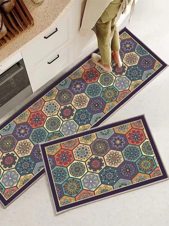 HomeCloud Purple & Beige 2 Pieces Floral Printed Anti-Skid Rubber Kitchen Mats