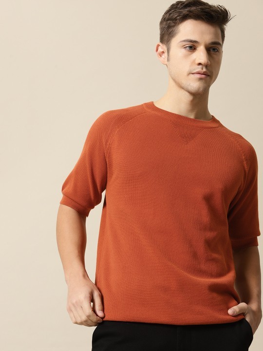 Mr Bowerbird Men Rust-Coloured Solid Tailored Fit Round Neck Sweater Pure Cotton T-shirt