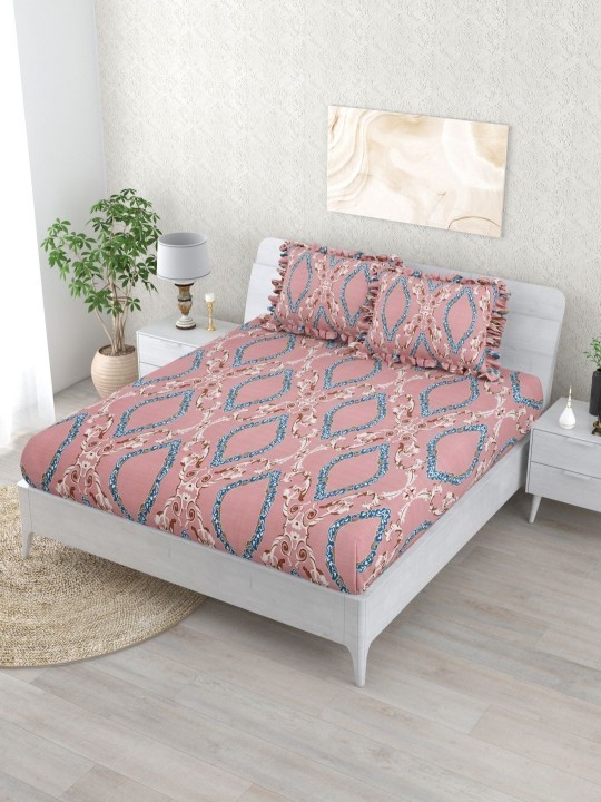 DREAM WEAVERZ Maroon & Blue Printed Fitted 260 TC Double King Bedsheet & 2 Pillow Covers