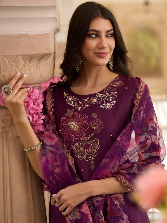Indo Era - Floral Embroidered Thread Work A-Line Kurta With Trousers & Dupatta