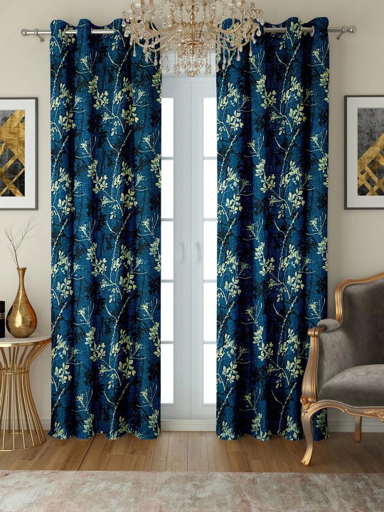 Cortina Blue & Beige Set Of 2 Floral Printed Regular Door Curtains