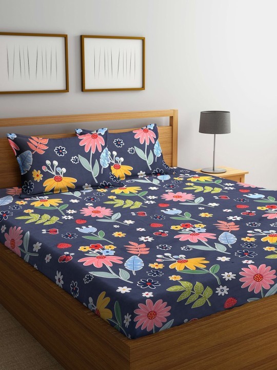 KLOTTHE Blue & Yellow Floral 300 TC King Bedsheet with 2 Pillow Covers